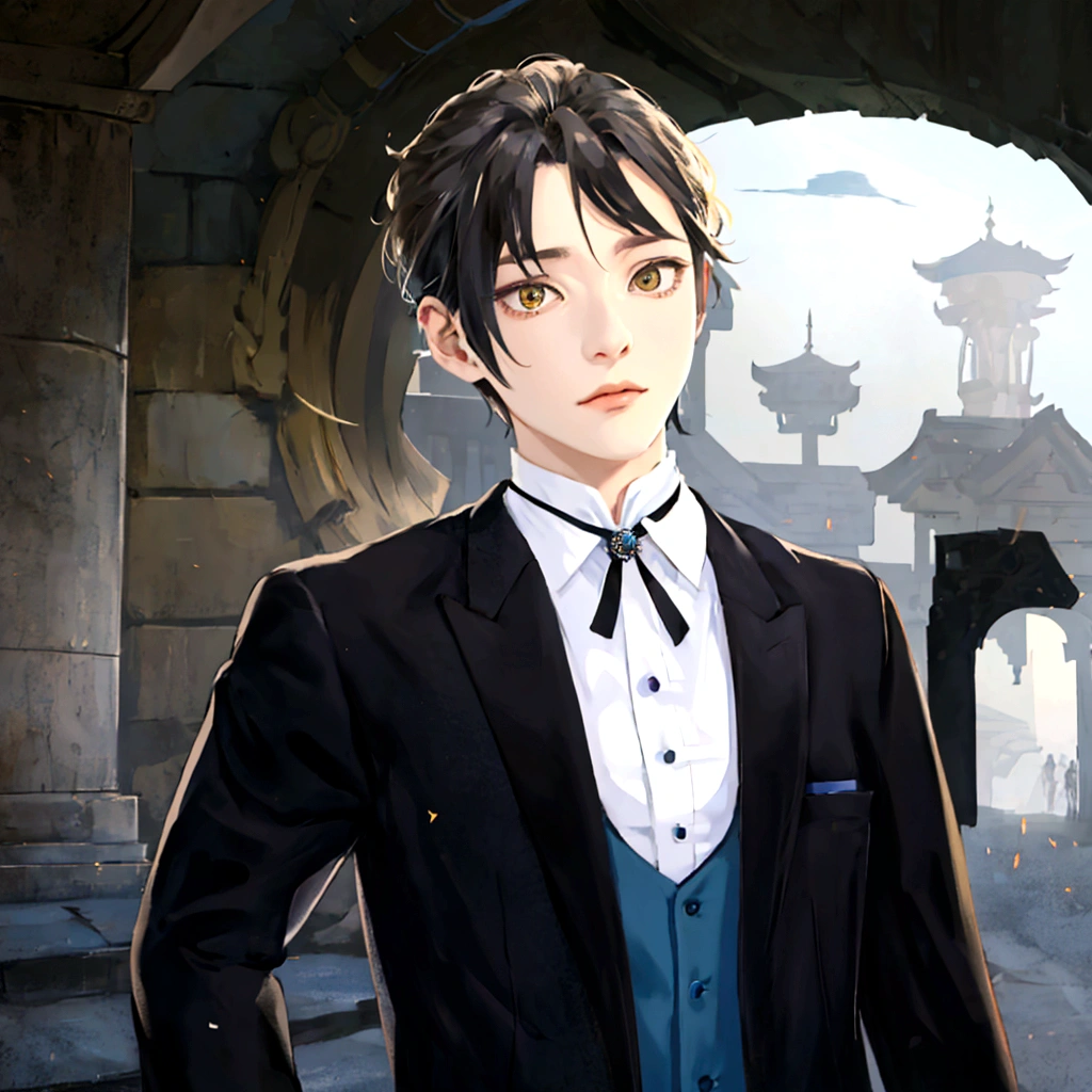 cool、Animated image of a man in a tuxedo standing on the street, A delicate androgynous prince, Inspired by Hisui Sugiura, Beautiful androgynous prince, inspired by Okumura Togyu, Inspired by Hiro Yamagata, inspired by Okumura Masanobu, inspired by Munakata Shikō, Inspired by Tessai Tomioka