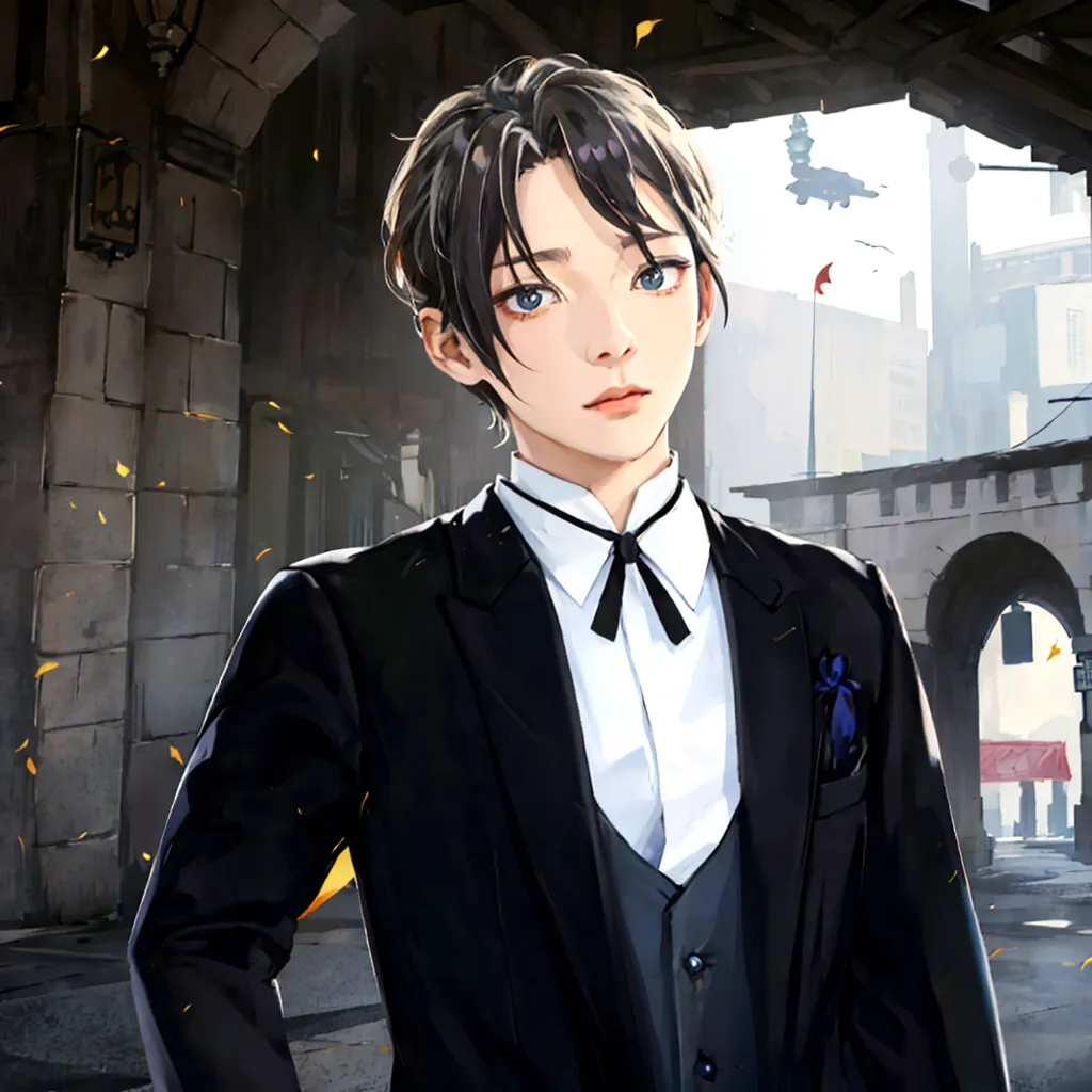 cool、animated image of a man in a tuxedo standing on the street, a delicate androgynous prince, inspired by hisui sugiura, beaut...