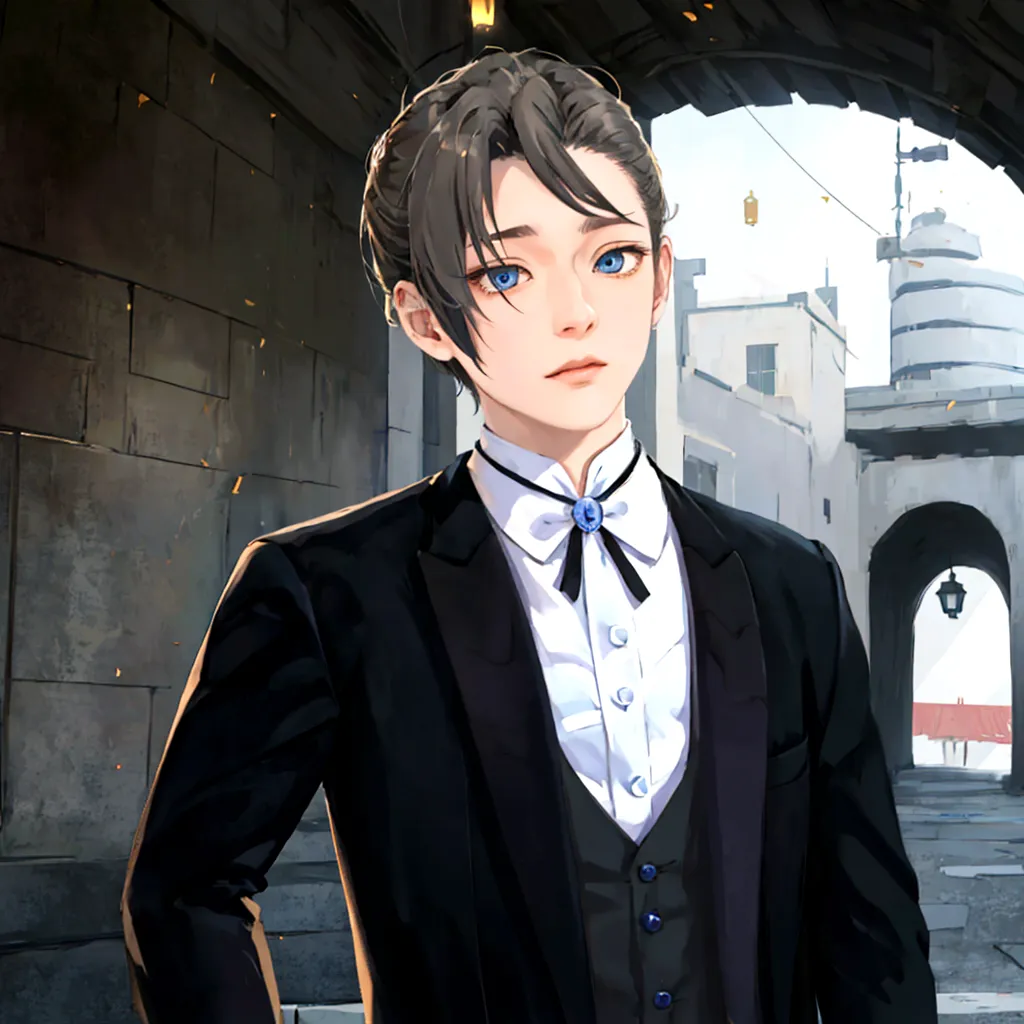 cool、animated image of a man in a tuxedo standing on the street, a delicate androgynous prince, inspired by hisui sugiura, beaut...