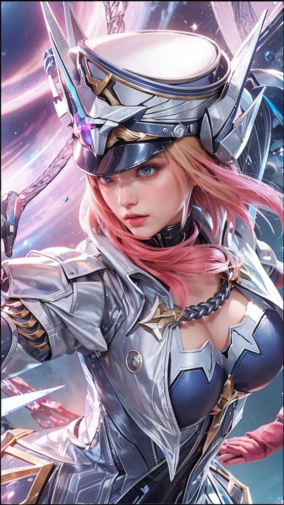 A beautiful woman. 20s. Blonde hair and blue eyes. Short hair. She is looking at the camera with a defiant expression. She wears a silver metallic battle uniform. There is something on his waist that is reminiscent of Kamen Rider's transformation belt. In her background is an image of outer space and a giant space battleship. A masterpiece.