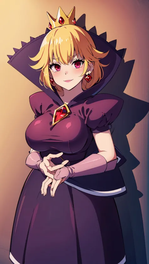 best quality, high resolution, large breasts, blonde hair, blush, Evil smile, cowboy shot, looking at viewer, Shadow Queen, purp...