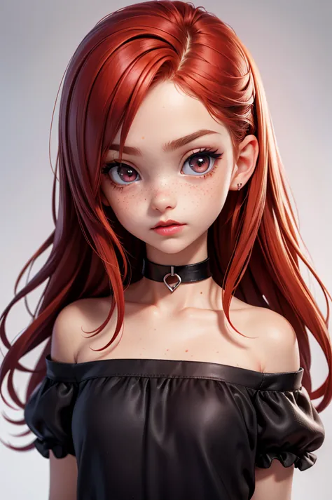 (headshot) hyperrealistic 12 year old teen, redhead, perfect tiny body, sexy, dark makeup, small choker, perfect slim face, big ...