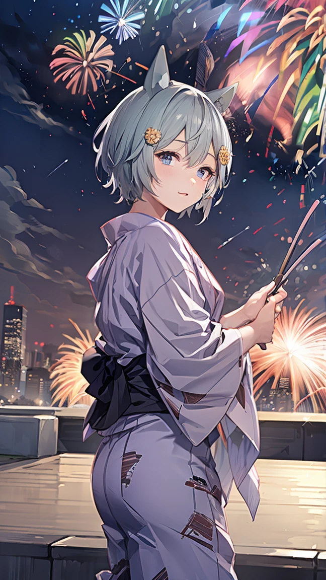 masterpiece, Highest quality, High resolution, Very detailed,(((Seiun Sky wearing a yukata))), (((firework)))