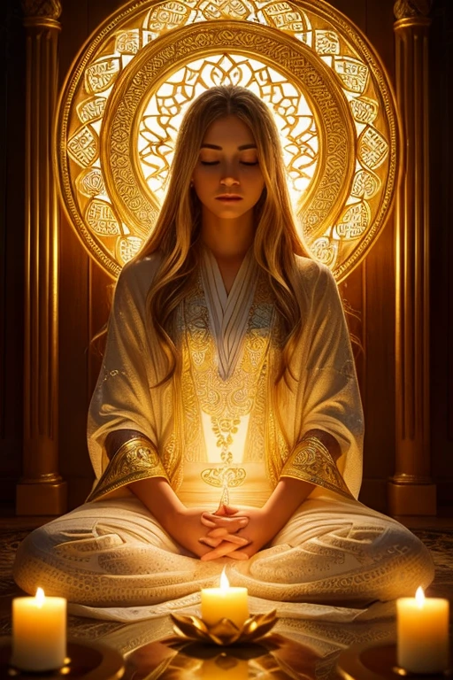 a peaceful god, beautiful detailed face, long flowing hair, serene expression, glowing aura, sitting in lotus position, meditation pose, intricate ornate robes, golden details, intricate patterns, soft lighting, warm color palette, cinematic composition, dramatic lighting, ethereal atmosphere, 8k, detailed, photorealistic