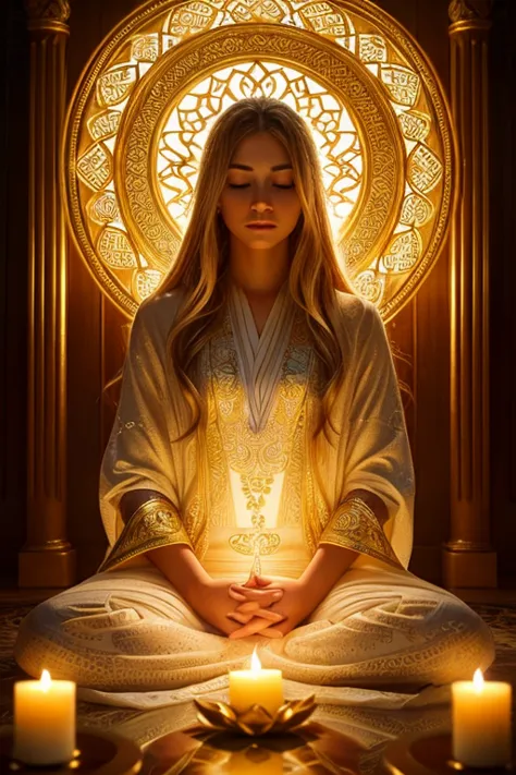 a peaceful god, beautiful detailed face, long flowing hair, serene expression, glowing aura, sitting in lotus position, meditati...