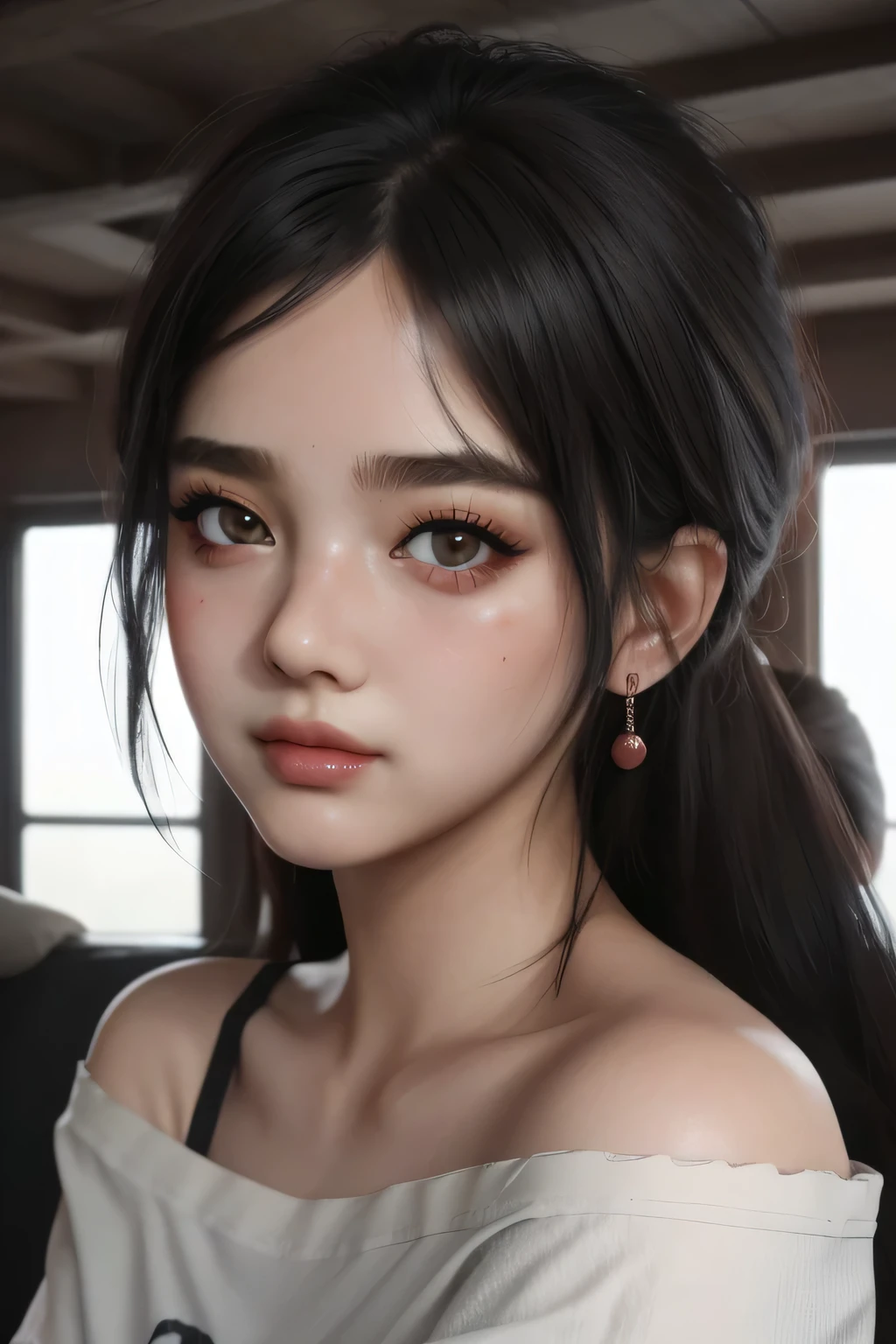 Amazing portrait of a sexy woman with a beautiful face emphasised by amazing makeup and black hair and seductive eyes in an intense gaze with her mouth parted and a deep blush on her face as she's flustered wearing an off shoulder t shirt