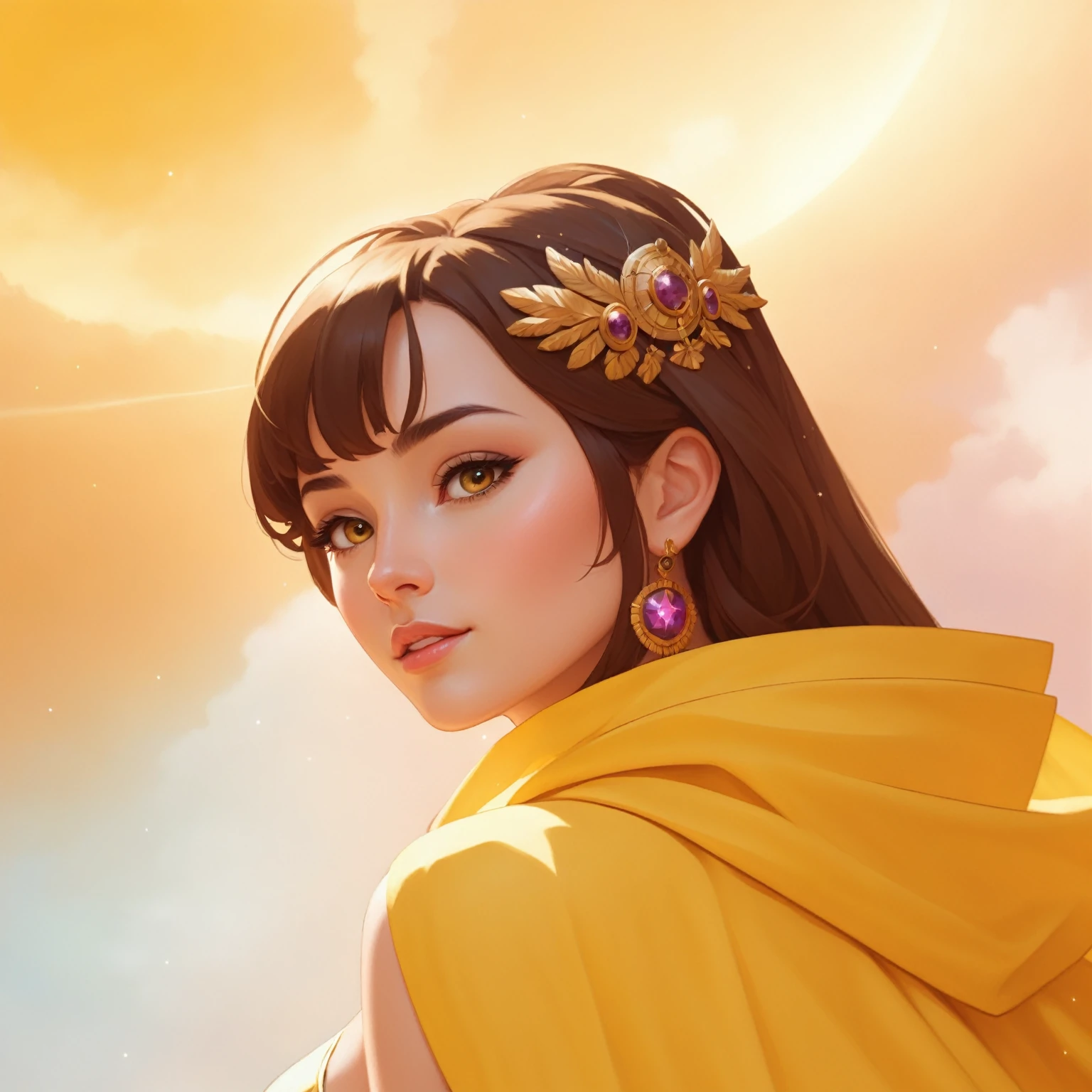 Masterpiece, best quality, very detailed portrait of a very beautiful girl with big brown eyes, long brown hair, her skin is shining. she wears ancient accessories and a yellow cape. Starlight is on the background