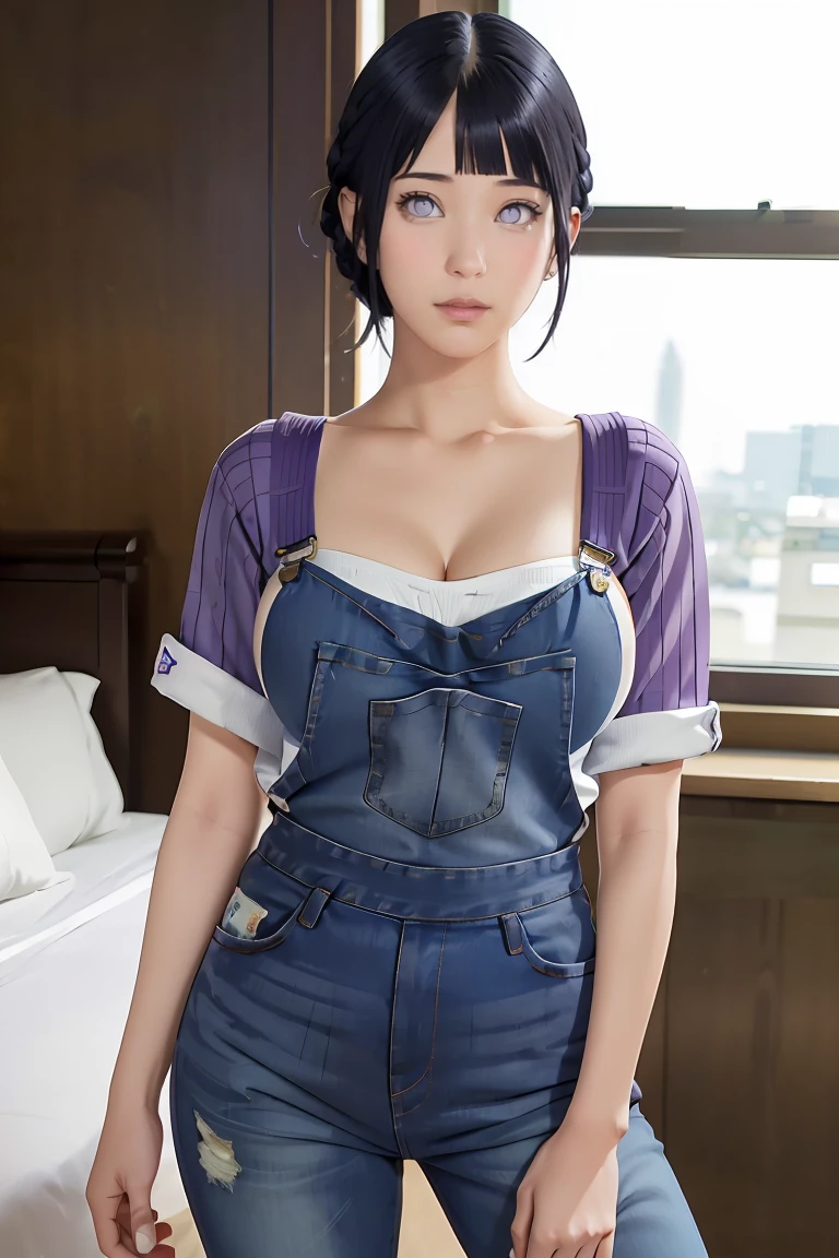 masterpiece， best quality， ultra-detailed， illustration，1girl，
， dark-blue hair， french braid， Purple eye， blunt bangs， cleavage,
shirt，（jeans overalls1.1），purple sweater
medium breasts， 
looking at viewer，hyuga/（Boruto/），Detailed lips