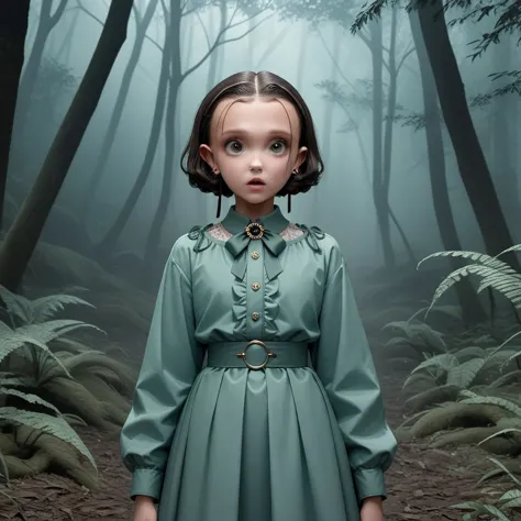 milli3 woman, millie bobby brown, netflix series, eleven, in a dark forest, front view, forest, horror