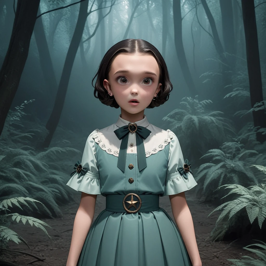 mujer mili3, Millie Bobby Brown, Series de Netflix, Once, in a dark bosque, vista frontal, bosque, horror