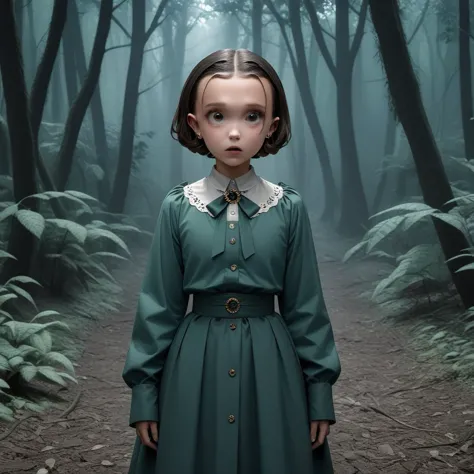 milli3 woman, millie bobby brown, netflix series, eleven, in a dark forest, front view, forest, horror