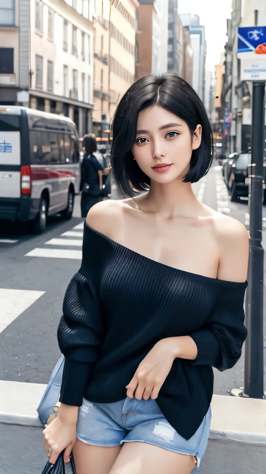 Non-NSFW、Realistic、Highest quality、Highest quality、masterpiece、Ultra-high resolution、RAW Photos、Realistic、Bright lighting、Face Light、Smooth Professional Lighting、Looking into the camera、alone、Adult female、Beautiful woman、Super Beauty、Realistic肌、Moisturized Skin、Realistic eyes and faces、Perfect model body shape、Beautiful Eyes、Big eyes、Inconspicuous tear bags、slim、No bra、Beautiful fingers、Very short hair、Jet Black Hair、Iris、Looks happy、(Both ears are hidden by hair), (Long thigh-length knit shirt:1.3),(Off-shoulder:1.1),In the city, Small Ass, (Large Breasts:1.1),(Venus&#39; Nipples:1.2), A konigsreuter、Sexy Random Poses,(standing:1.1),(from behind:1.6)