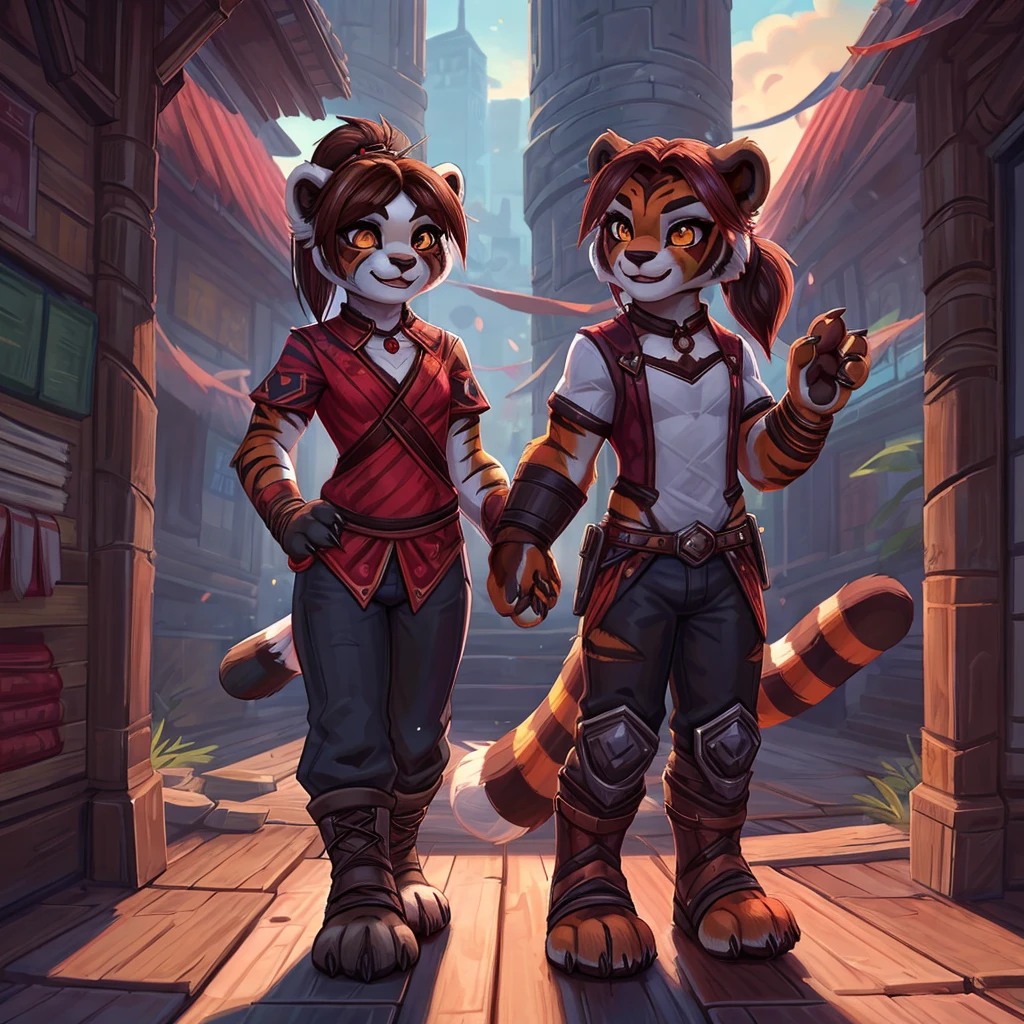 (4fingers), small_round_ears, small_panda_ears, pandaren, world_of_warcraft, furry, anthropomorphic, fluffy_tail, foxtail, cfemale, claws, red_panda, tiger_stripes, tiger_face, flat_chested, teen, teenager, amber_eyes, (pupils), (tiger_legs), black_left_foot, white_right_foot, (four_fingers), waist_long_ponytail, brown_hair, ((three_toes)), ((3toes)), ((detailed_eyes)), ((detailed_face)), detailed_hands, simple clothes, simple outfits, shirt, pants, boots, couple, height difference, civilian clothing,