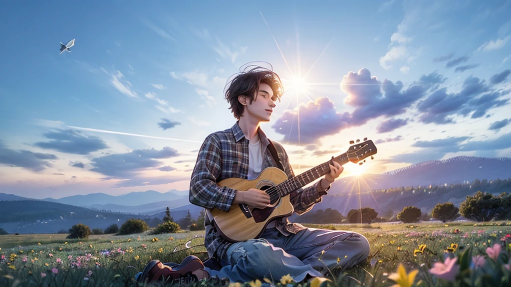 A Young Man playing guitar setting on right edge beautiful mountain Sun rising flowers butterfly Sky trees birds dreamy nature 