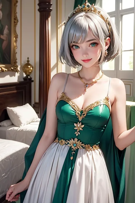 1girl, beautiful girl, cute girl and idol face, young face, smile, ahoge and short bob cut and shiny silver hair, beautiful gree...