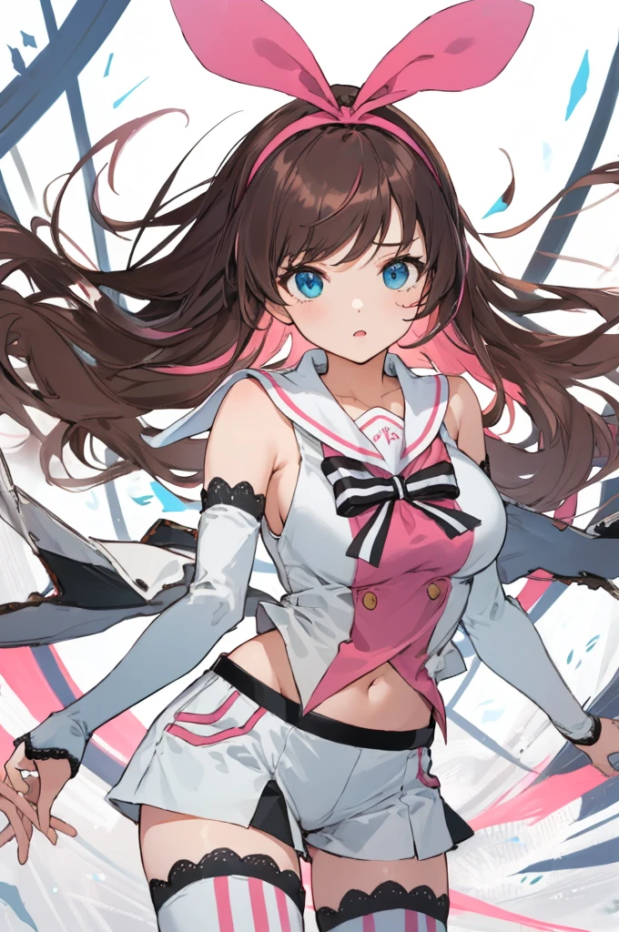 best quality, intricate details,
1girl,big breasts
 ) torn armor, underboob, tattered clothes, pauldrons, gauntlets, broken armor, belts, multiple belts, 
 kizuna ai, long hair, brown hair, multicolored hair, short shorts, floating hair, pink hairband, white shorts, detached sleeves, navel, sailor collar, streaked hair, pink hair, blue eyes, white thighhighs, medium breasts, lace-trimmed sleeves, sleeveless shirt, striped, white sailor collar, bowtie, hair bow, swept bangs, white shirt, lace-trimmed legwear,