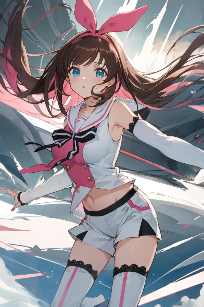 best quality, intricate details,
1girl,big breasts
 ) torn armor, underboob, tattered clothes, pauldrons, gauntlets, broken armor, belts, multiple belts, 
 kizuna ai, long hair, brown hair, multicolored hair, short shorts, floating hair, pink hairband, white shorts, detached sleeves, navel, sailor collar, streaked hair, pink hair, blue eyes, white thighhighs, medium breasts, lace-trimmed sleeves, sleeveless shirt, striped, white sailor collar, bowtie, hair bow, swept bangs, white shirt, lace-trimmed legwear,