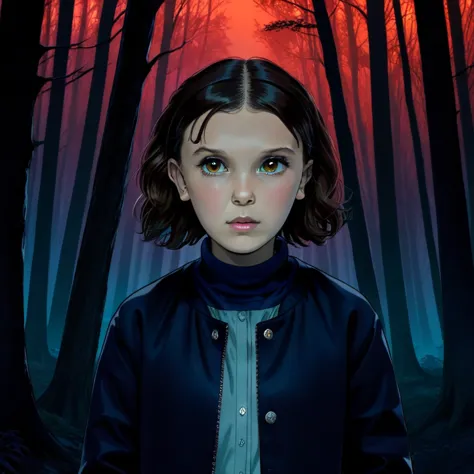 milli3 woman, millie bobby brown, netflix series, eleven, in a dark forest, front view, 
