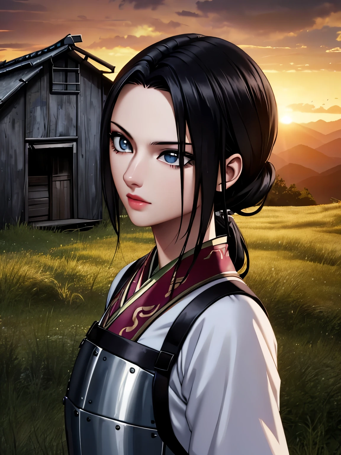 (highest quality:1.2, masterpiece), 8K, Professional Lighting, Cinematic Lighting, (1girl), Kaine, a character of Kingdom, black hair color, low ponytail, (white Chinese clothes under white breast plate:1.35, ultra realistic & detailed iron breast plate:1.7, armored iron boots), ((ultra realistic exterior of abandoned hut, ultra detailed exterior of abandoned hut, in ancient China, mountain view, trees, grasses, rocks)), (((sunset time, dark atmosphere))), ultra slim waist, thin body, perfect slim body style, breasts, standing, in front of abandoned hut, outdoors, looking at viewer, better eyes, perfect eyes, beautiful eyes, detailed face, ((close up angle, zoom up angle)), 