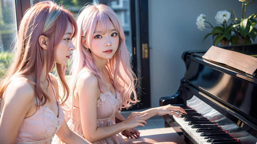 Ai Hoshino, playing Piano,beige pink hair, Blue Hair,Long Hair, favorite , beautiful, Shining Eyes, stars are reflected in my eyes, Idol, ２By people, 2 girls, Long pink hair