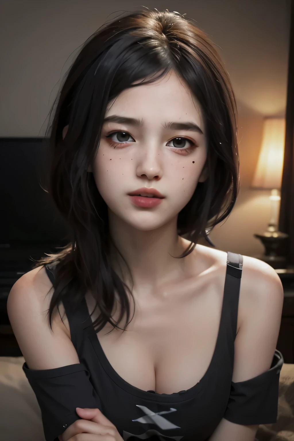 Amazing portrait of a cute goth woman with her short black hair in a bob hairstyle and she's wearing heavy eyeliner around her eyes and she's gazing at you seductively she wears an off shoulder t shirt that is orange and black with black bra straps 