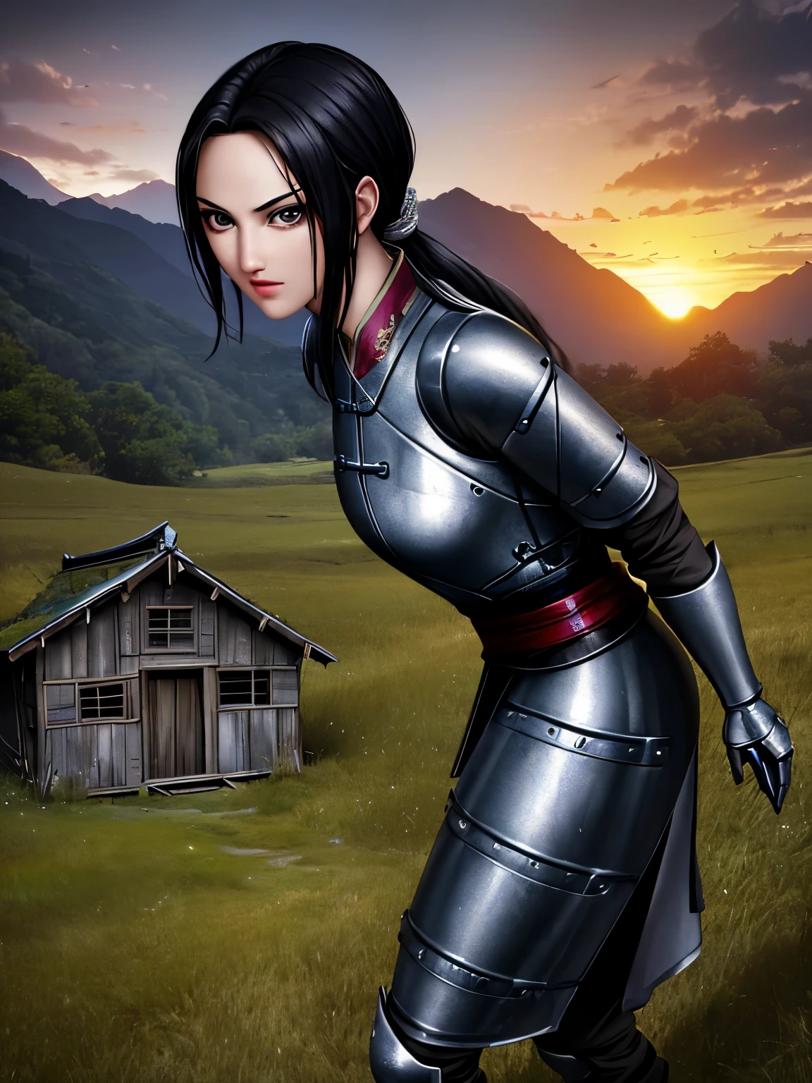 (highest quality:1.2, masterpiece), 8K, Professional Lighting, Cinematic Lighting, (1girl), Kaine, a character of Kingdom, black hair color, low ponytail, (white Chinese clothes under white breast plate:1.35, ultra realistic & detailed iron breast plate:1.7, armored iron boots), ((ultra realistic exterior of abandoned hut, ultra detailed exterior of abandoned hut, in ancient China, mountain view, trees, grasses, rocks)), (((sunset time, dark atmosphere))), ultra slim waist, thin body, perfect slim body style, breasts, standing, in front of abandoned hut, outdoors, looking at viewer, better eyes, perfect eyes, beautiful eyes, detailed face, (close up angle, zoom up angle),