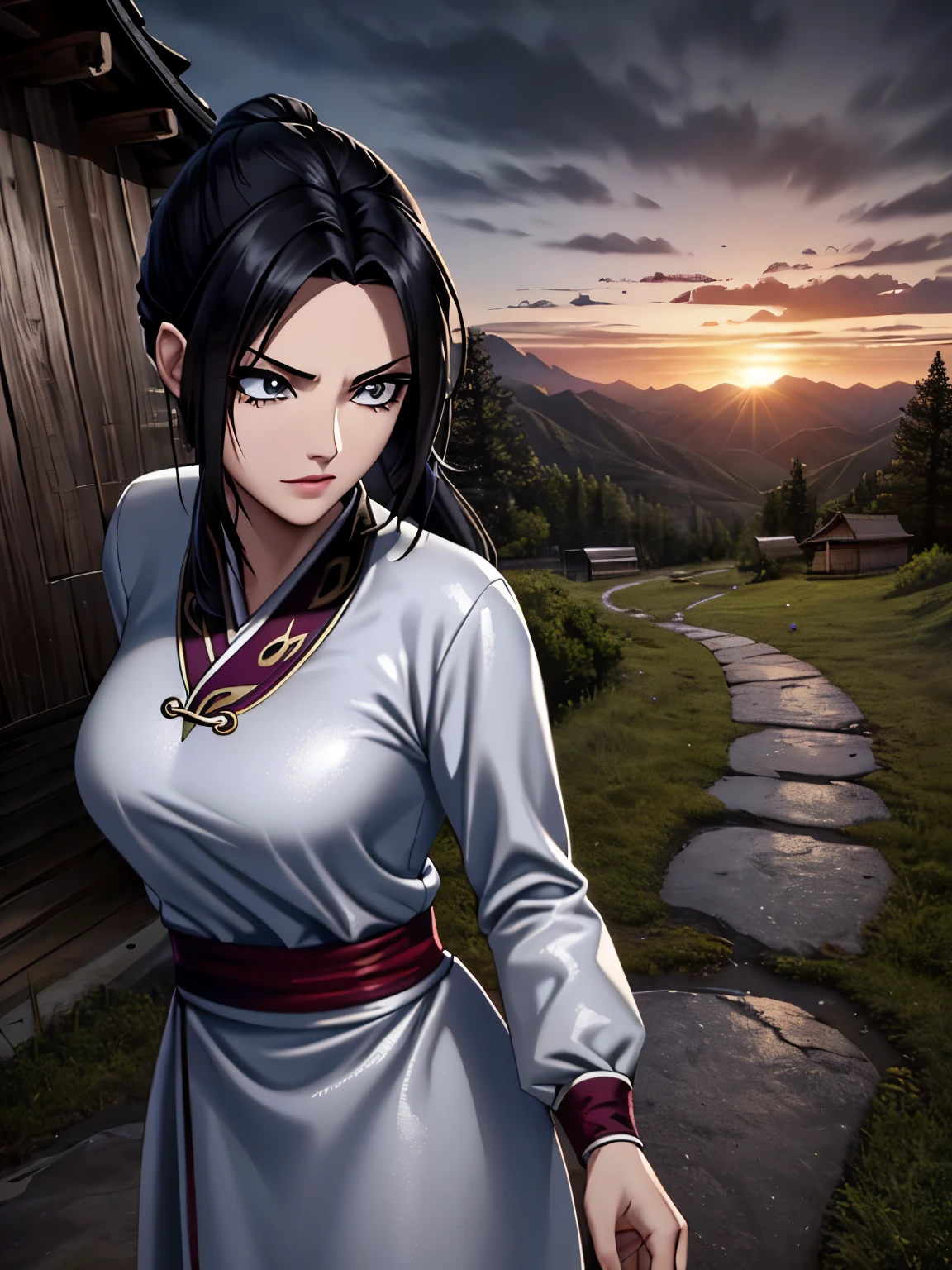 (highest quality:1.2, masterpiece), 8K, Professional Lighting, Cinematic Lighting, (1girl, 1bad man:1.5), Kaine, a character of Kingdom, (black hair color, low ponytail), (white Chinese clothes under white breast plate, armored iron boots), ((ultra realistic exterior of abandoned hut, ultra detailed exterior of abandoned hut, in ancient China, mountain view, trees, grasses, rocks)), (((sunset time, dark atmosphere))), ultra slim waist, thin body, perfect slim body style, breasts, standing, in front of abandoned hut, outdoors, looking at viewer, better eyes, perfect eyes, beautiful eyes, detailed face, 