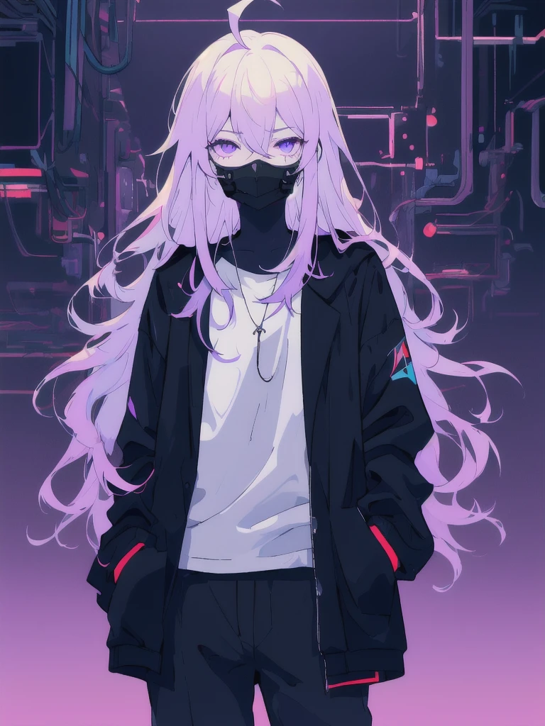 ((masterpiece)), (best quality), ((highres)), 4K, Detailed, (Ambient Light, Digital Art, Soft Lighting, extremely detailed 8K wallpaper:1.2), BREAK 1girl, solo, pale skin, violet eyes, violet hair, ahoge, (absurdly long hair:1.1), flat chest, cyberpunk scenery, black jacket, pants, shirt, night, hand in pocket, looking at viewer, hair between eyes, expressionless, rtx, neon light, black medical mask