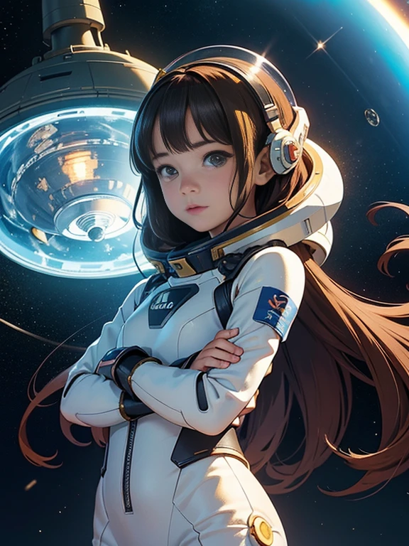 (High quality, high definition, historical masterpiece) 1 girl, realistic anime picture, high quality CG illustration, (cute , , , carefully drawn face, sci-fi space suit) A sea of ​​ether, a girl with her arms folded on a spaceship (small spherical spaceship), the light of the stars twinkling, hair that shines through light,