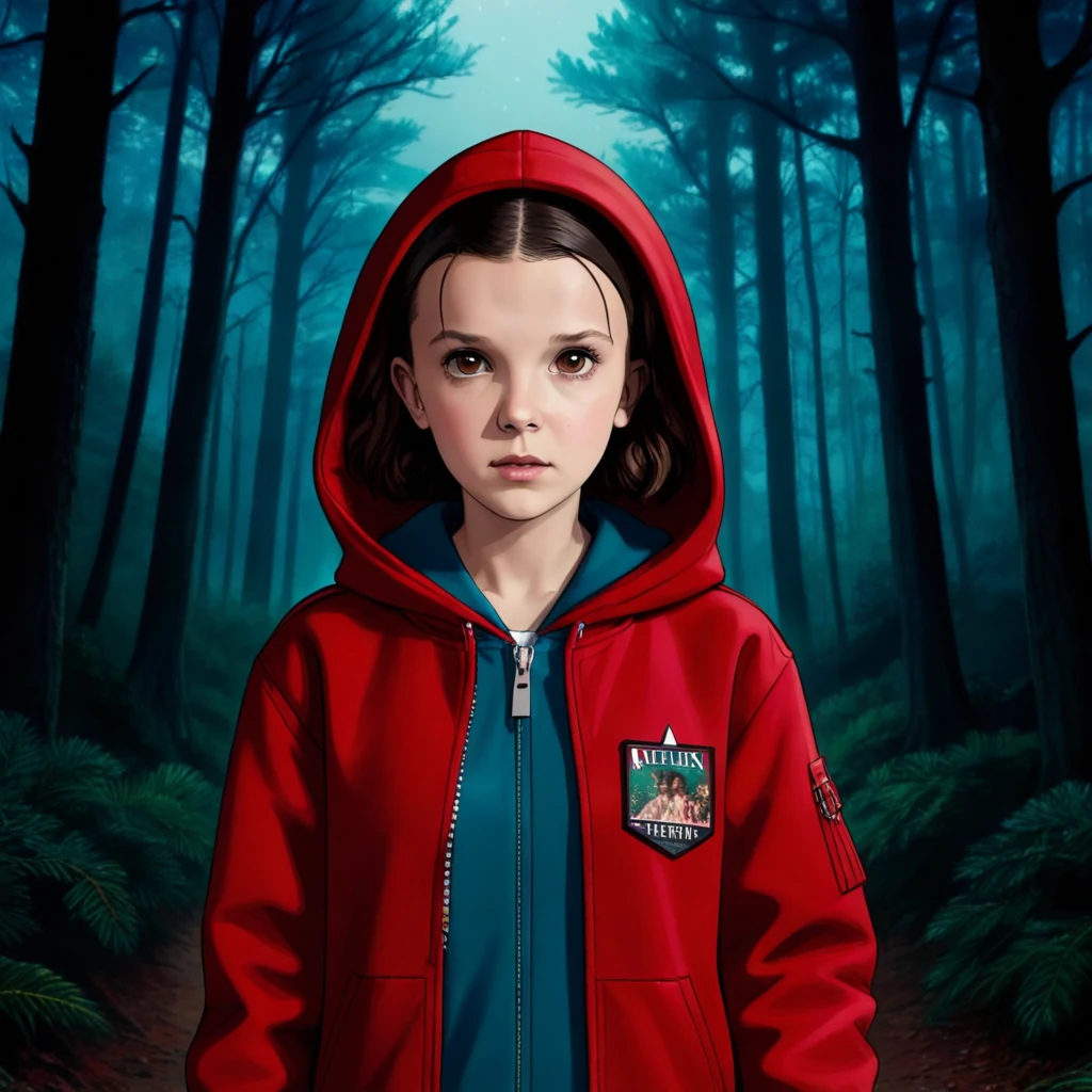 milli3 woman, millie bobby brown, 1 girl wearing red jacket and hood, netflix, stranger things, eleven, in a dark forest, front view,