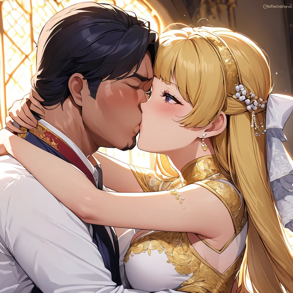 ((Highest quality)), ((masterpiece)), (detailed), （Perfect Face）、The woman is a Thai woman named Tsukino Usagi, wearing a gorgeous, glittering, traditional Thai dress with gold embroidery, gorgeous jeweled accessories, and an engagement ring. She is passionately embracing a dignified, sturdy middle-aged Thai man, kissing him in a deep vow, and getting married in a Thai church.、The woman is the elegant Tsukino Usagi, with long blonde hair in a chignon twin tail. The woman is a Thai girl wearing a gorgeous Thai bridal dress.