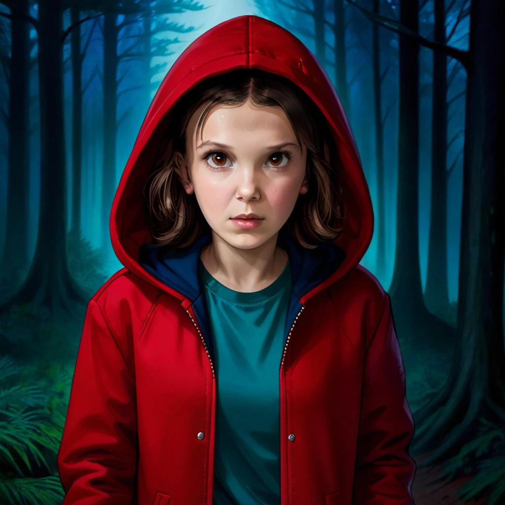 milli3 Frau, Millie Bobby Braun, 1 Mädchen trägt rote Jacke und Kapuze, Netflix, Fremde Dinge, Elf, in einem dunklen Wald, Vorderansicht,