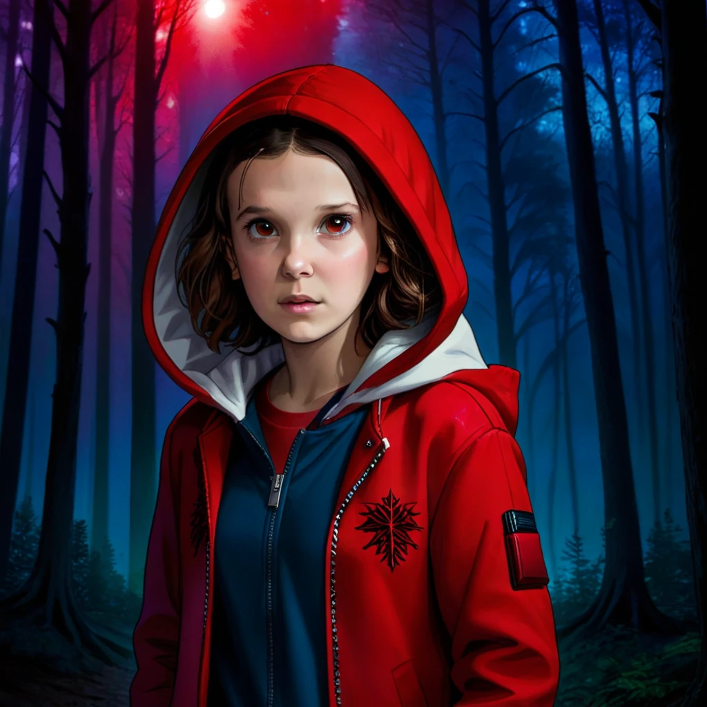 milli3 woman, millie bobby brown, 1 girl wearing red jacket and hood, netflix, stranger things, eleven, in a dark forest, front view,