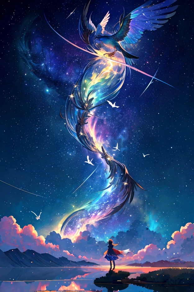 bird、A rainbow-colored bird、An immortal bird flying in the rainbow sky，colorful，beauttiful stars，wonderful view，utopia，An atmosphere full of dreams and hope，masterpiece．16K, Ultra-high resolution, Ultra-high resolution, to be born,wonderful ,future、iridescent、The world 30 years from now。
