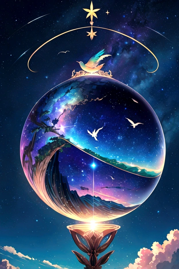 bird、A rainbow-colored bird、An immortal bird flying in the rainbow sky，colorful，beauttiful stars，wonderful view，utopia，An atmosphere full of dreams and hope，masterpiece．16K, Ultra-high resolution, Ultra-high resolution, to be born,wonderful ,future、iridescent、The world 30 years from now。