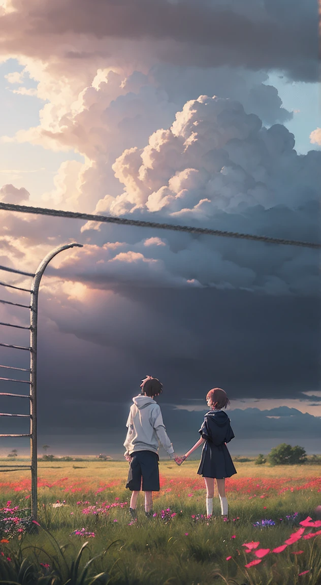 "An anime-style illustration of two children looking up at a dramatic sky. A boy and a girl are standing with their backs to each other in the foreground, while thick clouds and sunlight spread across the sky. The children are standing in front of an old metal fence, surrounded by wildflowers. A rainbow of light shines into the sky, creating a mystical atmosphere. The illustration is done in the detailed anime style of Makoto Shinkai, with rich colors and light. The scene has a fantastical and moving atmosphere."