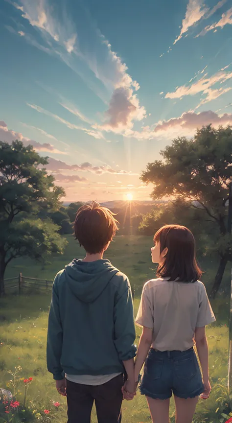 "An anime-style illustration of two children looking up at a dramatic sky. A boy and a girl are standing with their backs to eac...