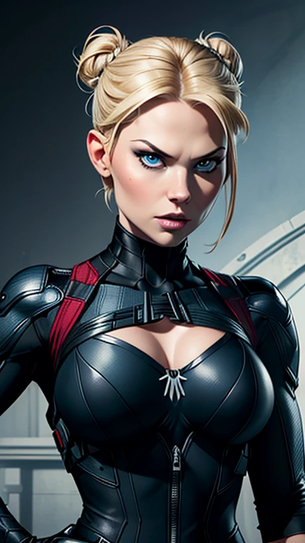 Jennifer Morrison as Black Widow, ((Masterpiece)); ((Natural Beauty)); ((Ultrarealistic blue eyes)); both eyes are similar; ((Ultrarealistic fair white skin)); ((Ultrarealistic small breasts A cup)); Deep Cleavage; ((Ultrarealistic blonde short  bun haircut hairstyle)); slim athletic body; ((Ultrarealistic round Asscheeks)); ((Ultrarealistic widow bite black gloves)); ((Ultrarealistic black widow utility belt)); black and red tactical vest; Bright Red stripe accents on the side of the suit; Short sleeve; looking at the viewer;  