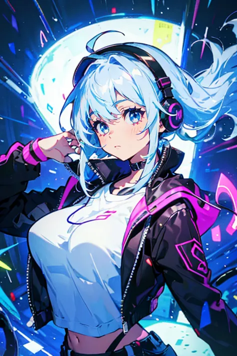 1girl,cute,bigbreast,upper body,headphone,cool,music,flow note,electric