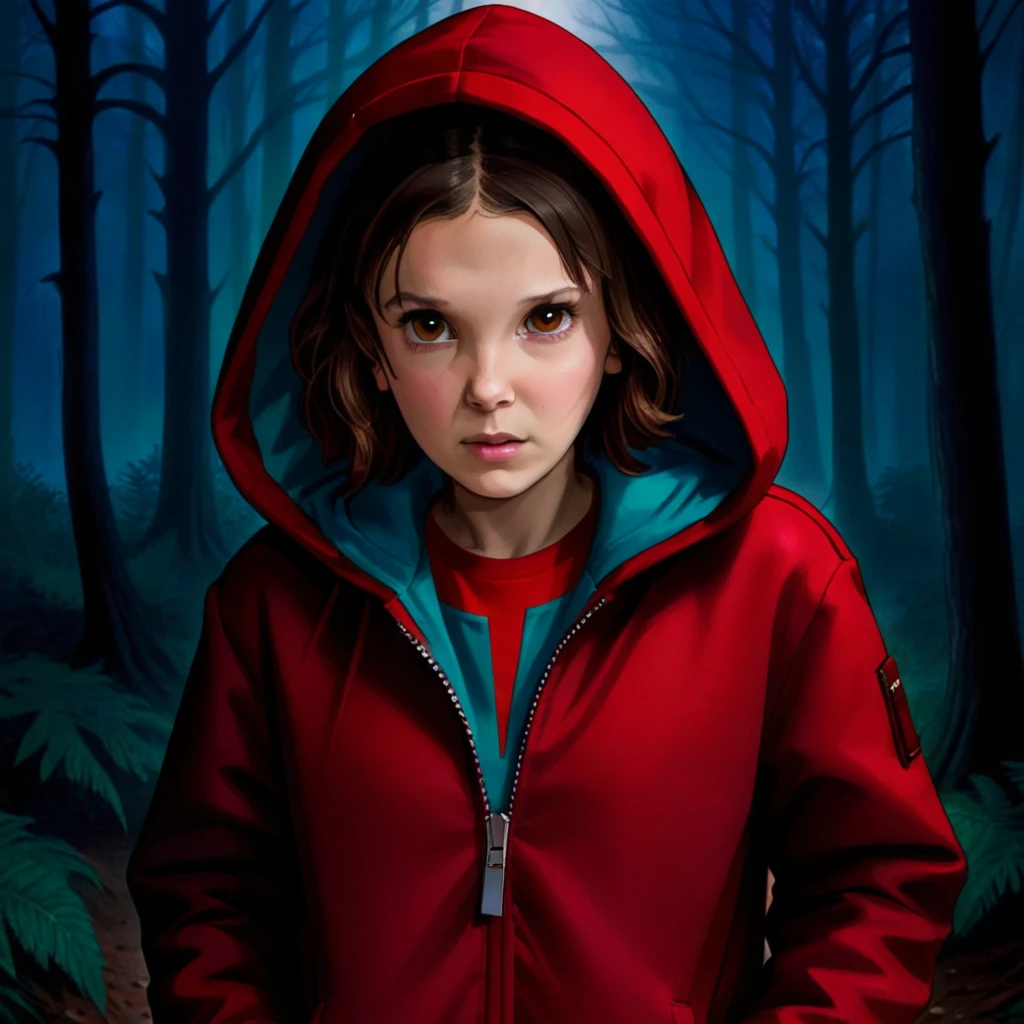 mulher mili3, Millie Bobby Brown, 1 garota vestindo jaqueta vermelha e capuz, netflix, coisas estranhas, Onze, em uma floresta escura, vista frontal,