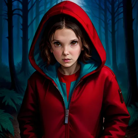 milli3 woman, millie bobby brown, 1 girl wearing red jacket and hood, netflix, stranger things, eleven, in a dark forest, front ...