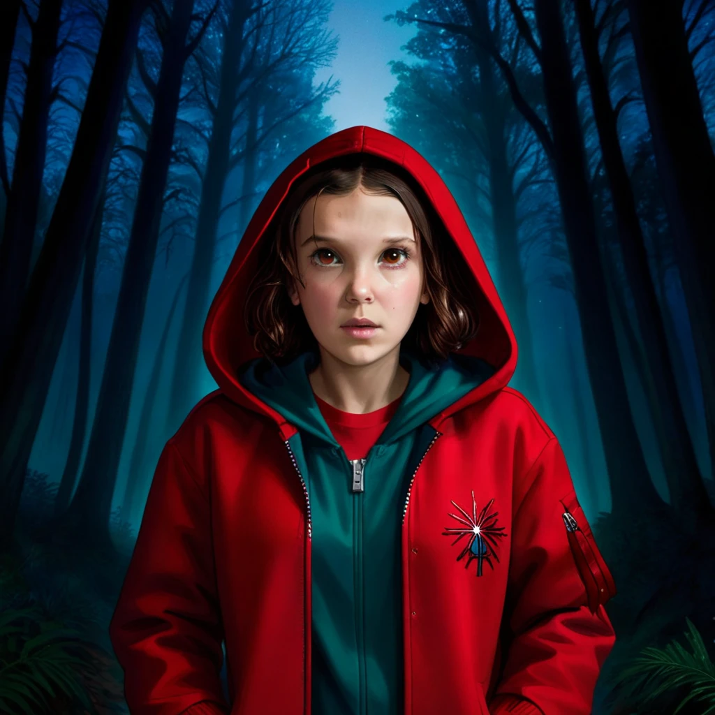 milli3 femme, millie bobby brun, 1 fille portant une veste et une capuche rouges, Netflix, des choses étranges, Onze, dans une forêt sombre, vue de face,