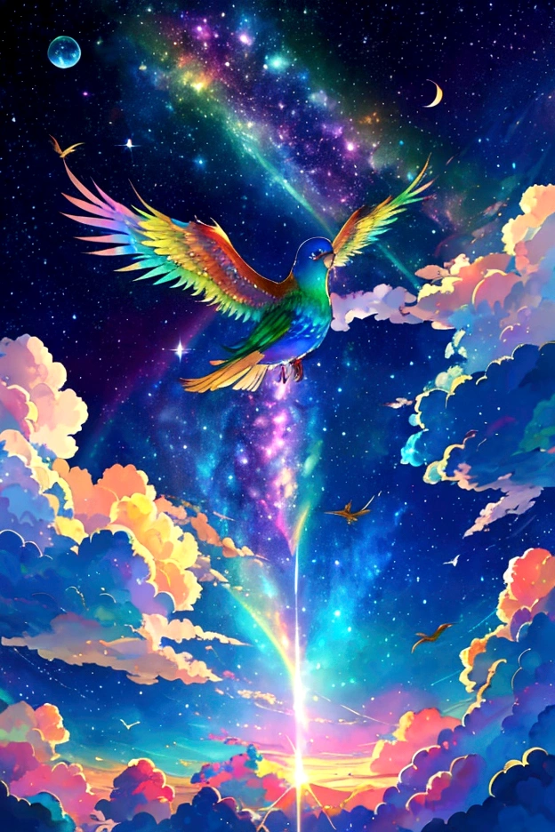 a rainbow colored bird、iridescent bird、A phoenix flying in the rainbow sky，colorful，beauttiful stars，wonderful view，Night Sky，An atmosphere full of dreams and hope，masterpiece．16K, Ultra-high resolution, Ultra-high resolution, to be born,wonderful ,future、iridescent、The world 30 years from now。
