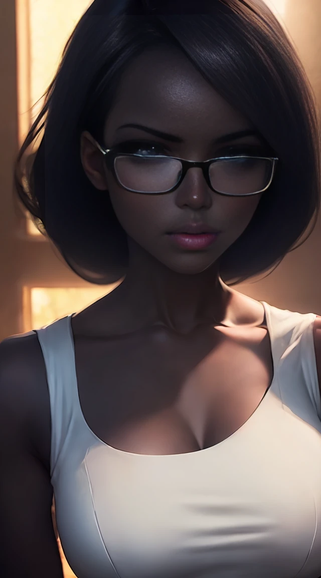 a sexy woman with big breasts, muscular athletic body, short dress, russet hair, glasses, detailed face, detailed eyes, detailed lips, detailed facial features, dramatic lighting, golden hour, cinematic, highly detailed, hyperrealistic, 8k, award winning, photorealistic, portrait, fashion, chiaroscuro lighting, glamour