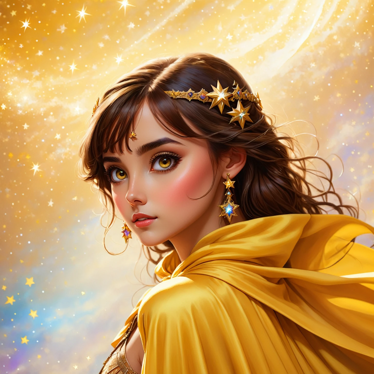 Masterpiece, best quality, very detailed portrait of a very beautiful girl with big brown eyes, long brown hair, her skin is shining. she wears ancient accessories and a yellow cape. Starlight is on the background, very colorful background with stars of all colors