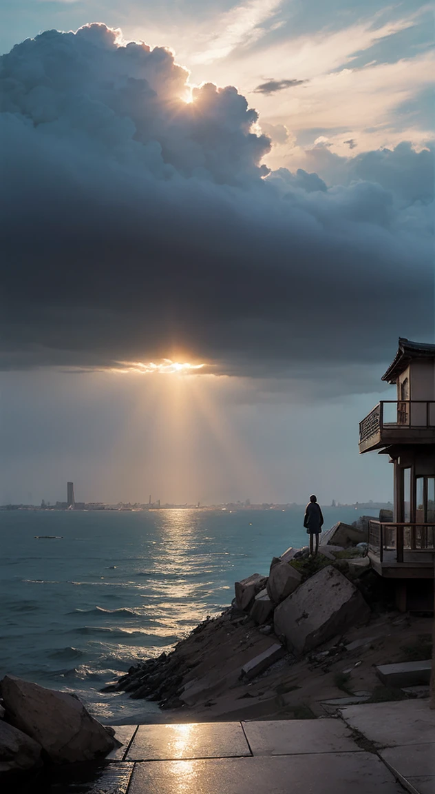 "天气之子, 无止境的雨, 沉没的东京城, 一个动漫风格的女孩祈祷的插画. 天空布满了厚厚的云层和虹彩般的光芒, 营造神秘的氛围. 细致的动画风格让人想起新海诚, 丰富的色彩和光线的使用是其特点. 场景充满奇幻和动人的氛围."