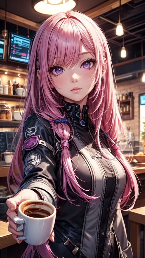 Futuristic Girl, Purple eyes, space, Pink Hair, Long Hair, Futuristic Coffee Shop,One girl,Beautiful attention to detail, Detail...