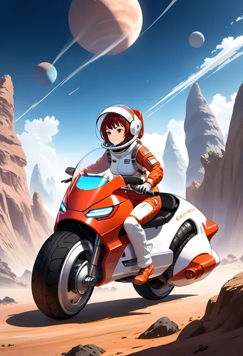 Create a detailed image of a female astronaut riding a futuristic hoverbike on an alien planet. The astronaut should be wearing ...