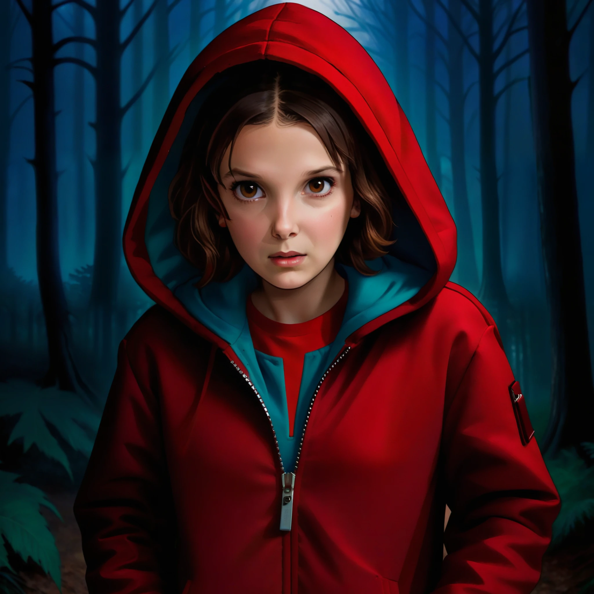 milli3 woman, millie bobby brown, 1 girl wearing red jacket and hood, netflix, stranger things, eleven, in a dark forest, front view,