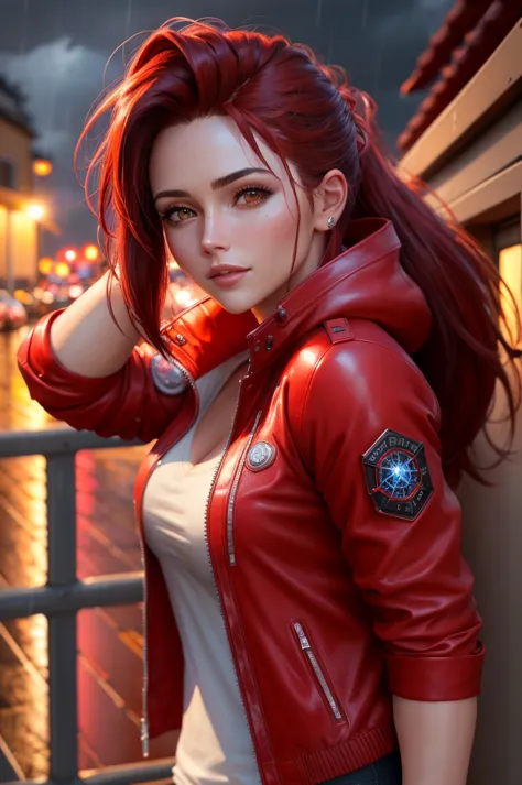 marz , as claire redfield, red jacket, rain, night,  portrait, (8k, raw photo, best quality, masterpiece:1.2),ultra-detailed, (h...